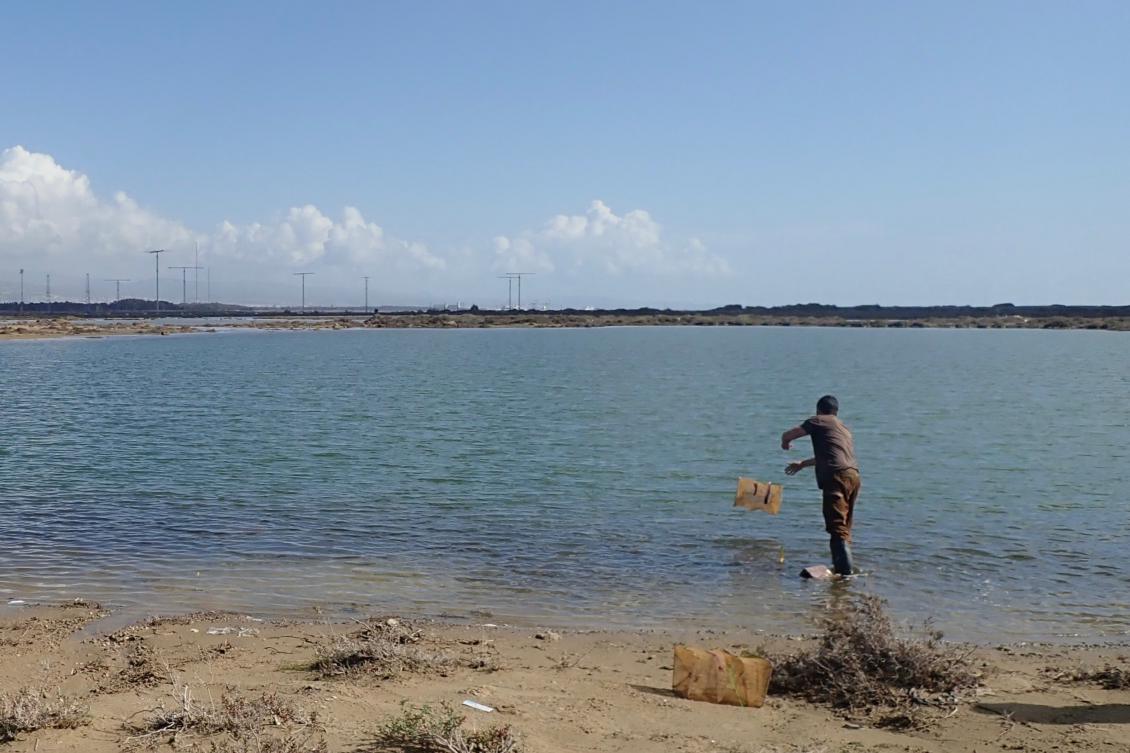 Figure 2.  Monitoring traps being deployed in one water body of the Akrotiri Peninsula by Neofitos Andreou of the Laboratory of Vector Ecology and Applied Entomology, Joint Services Health Unit Cyprus, British Forces Cyprus.